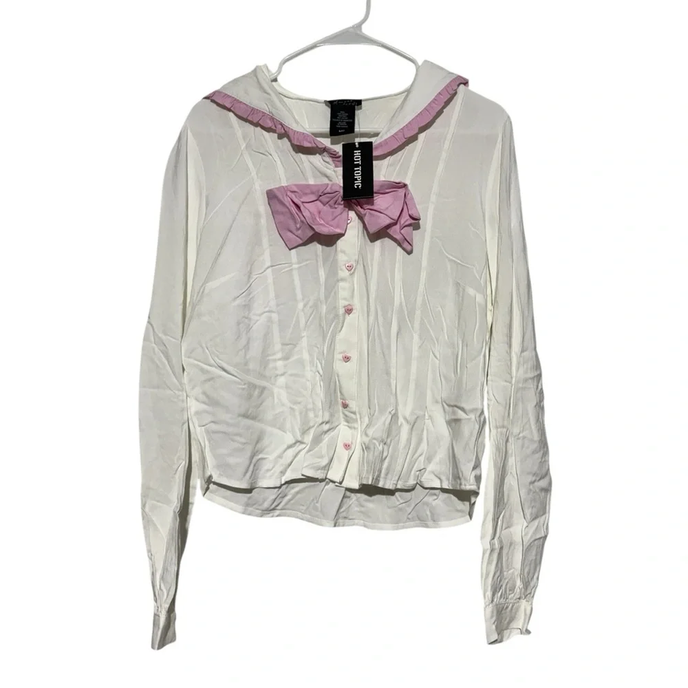 NWT Bunny Ears Sailor Collar Coquette Blouse Size M Pink‎ White Ruffle Bow Twee